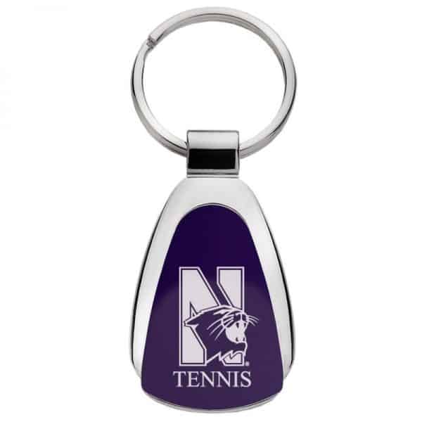Northwestern University Wildcats Laser Engraved Purple Teardrop Key Chain with Mascot & Tennis Design
