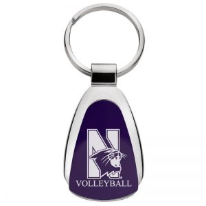 Northwestern University Wildcats Laser Engraved Purple Teardrop Key Chain with Mascot & Volleyball Design