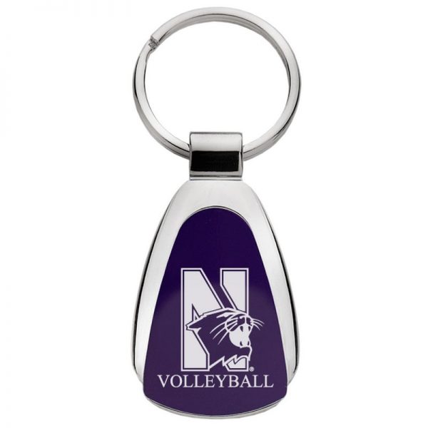 Northwestern University Wildcats Laser Engraved Purple Teardrop Key Chain with Mascot & Volleyball Design