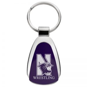 Northwestern University Wildcats Laser Engraved Purple Teardrop Key Chain with Mascot & Wrestling Design