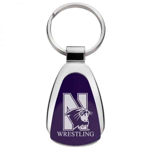 Northwestern University Wildcats Laser Engraved Purple Teardrop Key Chain with Mascot & Wrestling Design