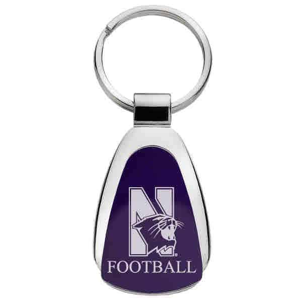 Northwestern University Wildcats Laser Engraved Purple Teardrop Key Chain with Mascot & Football Design