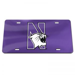 Northwestern Wildcats Thick Purple Mirrored Acrylic License Plate with N-Cat Design