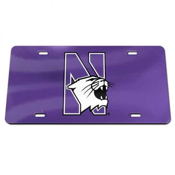 Northwestern Wildcats Thick Purple Mirrored Acrylic License Plate with N-Cat Design
