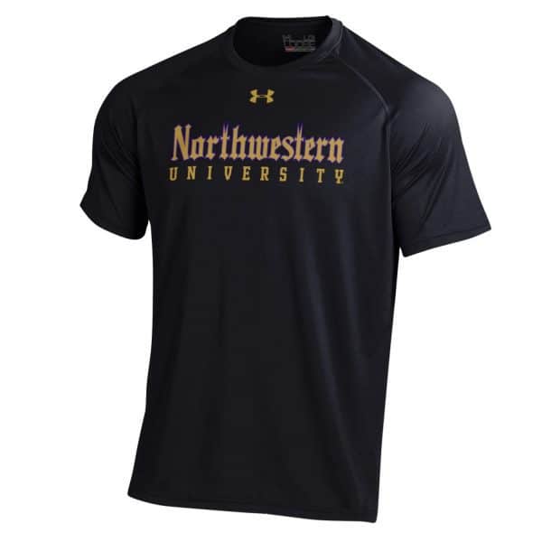 Northwestern University Wildcats Men’s Under Armour Tactical Tech™ Black Short Sleeve T-Shirt with Northwestern University Gothic Design
