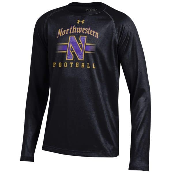 Northwestern University Wildcats Youth Under Armour Tactical Tech™ Black Long Sleeve T-Shirt with Northwestern Football & Stylized N Gothic Design