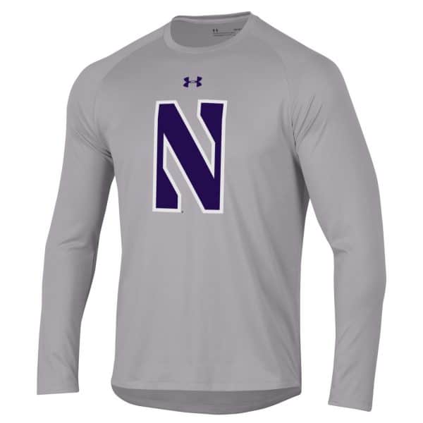 Northwestern University Wildcats Youth Under Armour Tactical Tech™ Light Grey Long Sleeve T-Shirt with Stylized Northwestern N Design