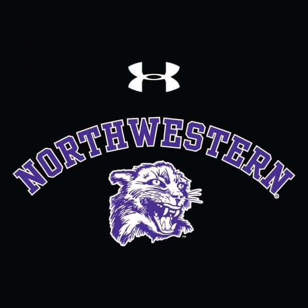 Northwestern University Wildcats Men’s Under Armour Triblend Black Heather Hooded Long Sleeve Tee with Vintage N-Cat Design - Image 2