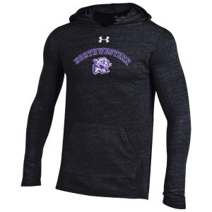 Northwestern University Wildcats Men’s Under Armour Triblend Black Heather Hooded Long Sleeve Tee with Vintage N-Cat Design