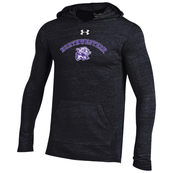 Northwestern University Wildcats Men’s Under Armour Triblend Black Heather Hooded Long Sleeve Tee with Vintage N-Cat Design