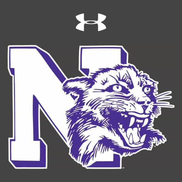 Northwestern University Wildcats Men’s Under Armour Triblend Grey Hooded Long Sleeve Tee with Vintage N-Cat Design - Image 2