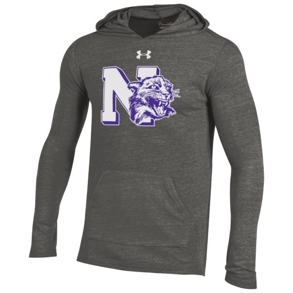 Northwestern University Wildcats Men’s Under Armour Triblend Grey Hooded Long Sleeve Tee with Vintage N-Cat Design
