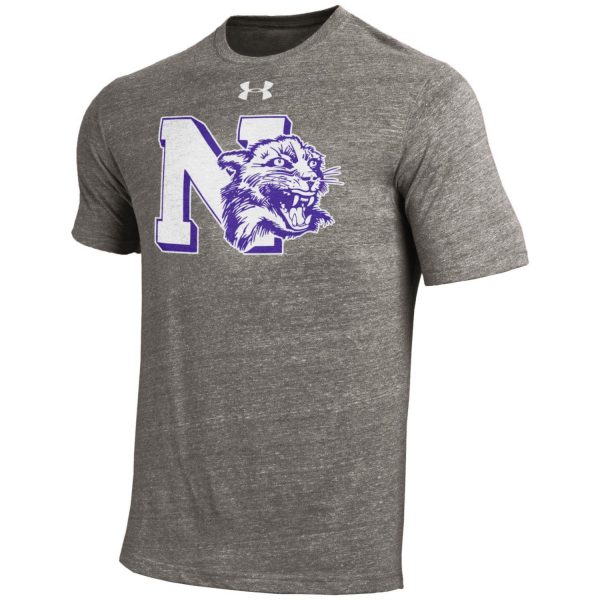 Northwestern University Wildcats Men’s Under Armour Triblend Grey Tee with Vintage N-cat Design