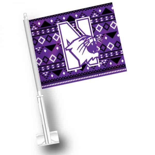 Northwestern University Wildcats Purple Car Flag with Aztec Print and N-Cat Logo