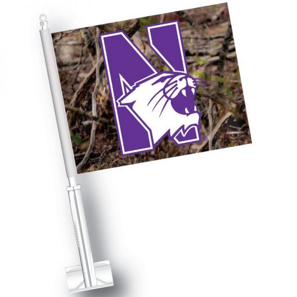 Northwestern University Wildcats Purple Car Flag with Camo Print and N-Cat Logo
