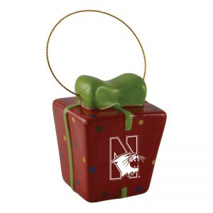 Northwestern University Wildcats Ceramic 3D Christmas Present Shaped Red Ornament with Mascot Design