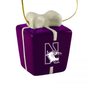 Northwestern University Wildcats Ceramic 3D Christmas Present Shaped Purple Ornament with Mascot Design