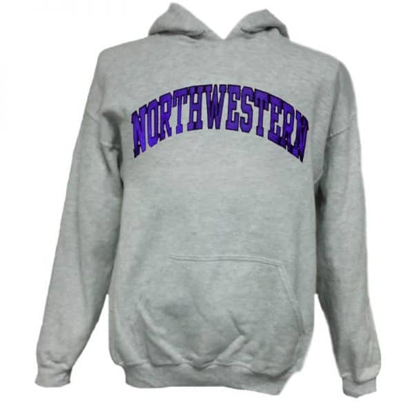 Northwestern Wildcats Light Grey Hooded Sweatshirt with Full Chest Embroidered Northwestern Design