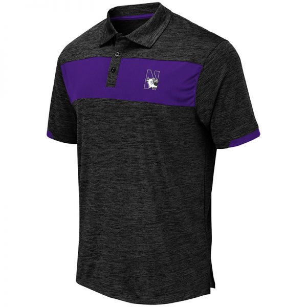 Northwestern University Wildcats Colosseum Mens Black/Purple Pop Color Nelson Polo with N-Cat Design