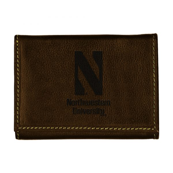 Northwestern University Wildcats Coffee Brown Contrast Stitch Genuine Leather Trifold Wallet