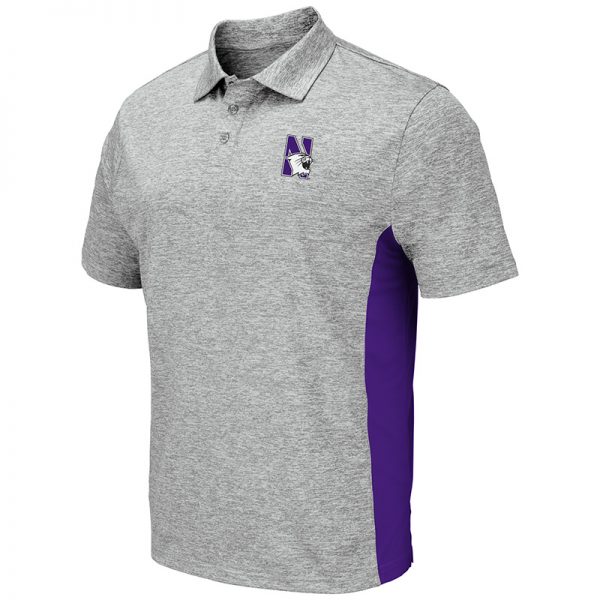 Northwestern University Wildcats Colosseum Mens Heather Grey/Purple S/S Polo with N-Cat Design