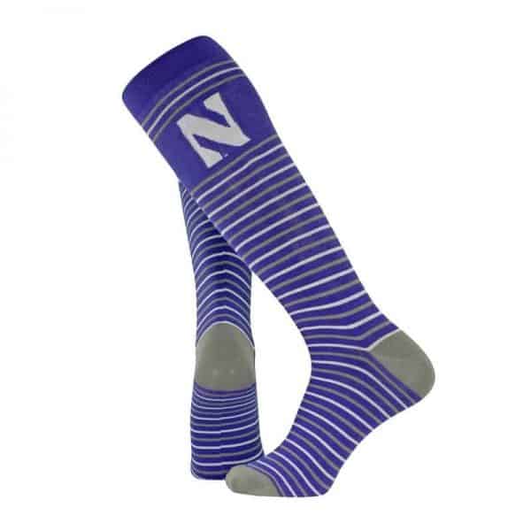 Northwestern University Wildcats Adult Purple/Grey/White Stripe Over-Calf Dress Socks With Stylized N Design