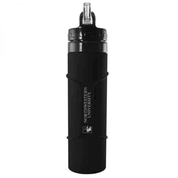 Northwestern University Wildcats 20 oz. Laser Engraved Black Silicone Collapsible Water Bottle With N-Cat Design