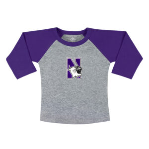 Northwestern University Wildcats Purple/Grey Baseball T-Shirt With Embroidered N-Cat Design-2