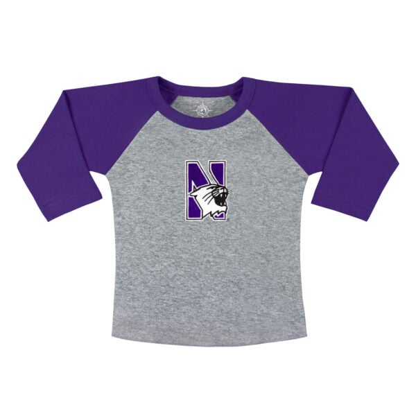 Northwestern University Wildcats Purple/Grey Baseball T-Shirt With Embroidered N-Cat Design-2