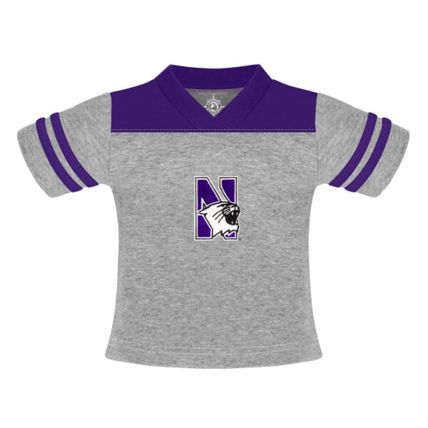 Northwestern University Wildcats Purple/Grey Football T-Shirt With Embroidered N-Cat Design-2