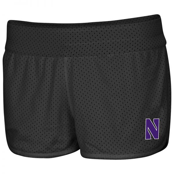 Northwestern University Wildcats Colosseum Ladies Heather Purple / Black Mesh Racine Belles Reversible Short with Stylized N Design-Reversed Side Front