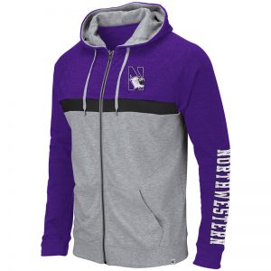 Northwestern University Wildcats Colosseum Heather Grey/Purple/Black Men's Brisilla Full Zip Hooded Sweatshirt with N-Cat Design