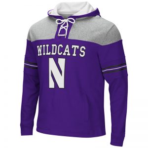 Northwestern University Wildcats Colosseum Purple/Heather Grey Men's Ice Hockey Pullover Hooded Sweatshirt with Stylized N Design