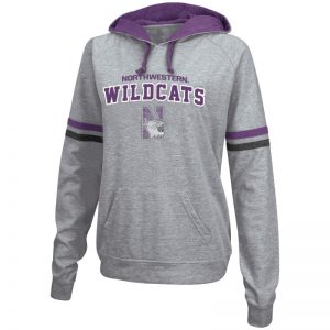Northwestern University Wildcats Colosseum Grey/Purple Stripped Ladies Chalk P/O French Terry Hood with Northwestern N-cat Design