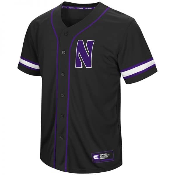Northwestern University Wildcats Colosseum Men's Black Playball Baseball Jersey with Stylized N Design-Back