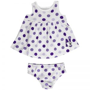 Northwestern University Wildcats Colosseum Infant Girls 6 Color Way On White Polka Dot Dresswith N-Cat Design