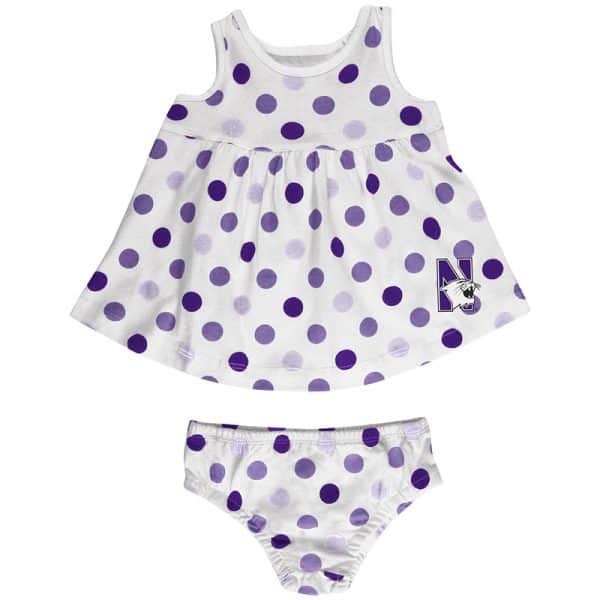 Northwestern University Wildcats Colosseum Infant Girls 6 Color Way On White Polka Dot Dresswith N-Cat Design