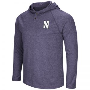 Northwestern University Wildcats Colosseum Men's Purple Porblackhe Hooded Henley L/S T-Shirt with Stylized N Design