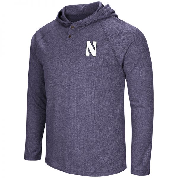 Northwestern University Wildcats Colosseum Men's Purple Porblackhe Hooded Henley L/S T-Shirt with Stylized N Design