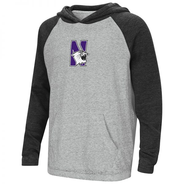 Northwestern University Wildcats Colosseum Youth Heather Grey / Charcoal One-Eyes Willie Raglan L/S T-Shirt with N-Cat Design