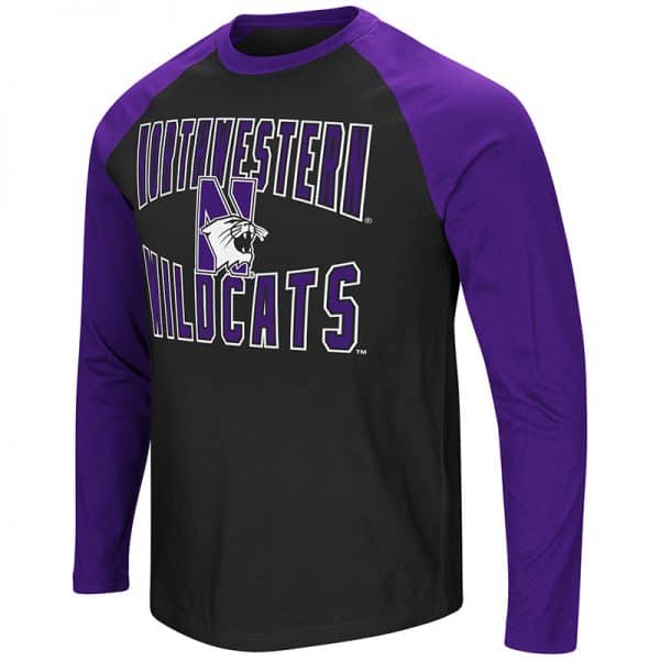 Northwestern University Wildcats Colosseum Men's Black/Purple Cajun L/S Raglan T-Shirt with N-Cat Design