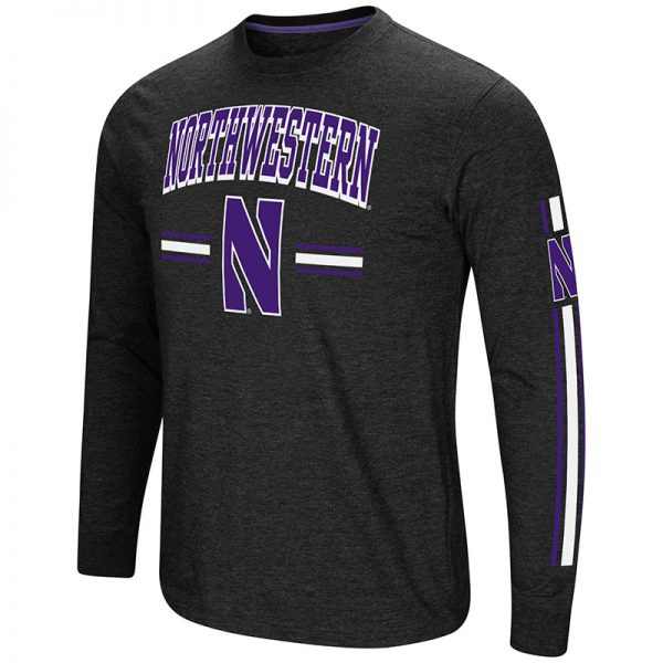 Northwestern University Wildcats Colosseum Men's Black Heather Touchdown Pass L/S T-Shirt with Stylized N Design