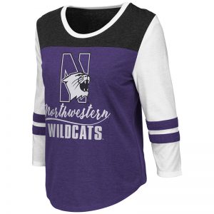 Northwestern University Wildcats Colosseum Ladies Purple/Black/White Palermo 3/4 Sleeve T-Shirt with N-Cat Design