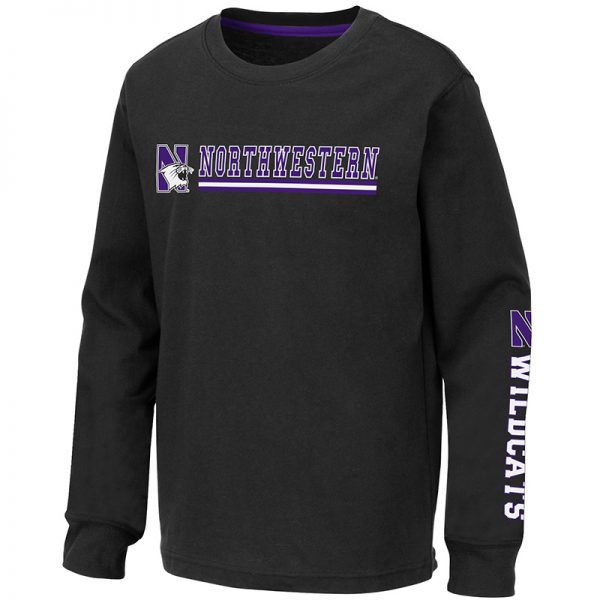 Northwestern University Wildcats Colosseum Youth Black Alberta L/S T-Shirt with N-Cat Design