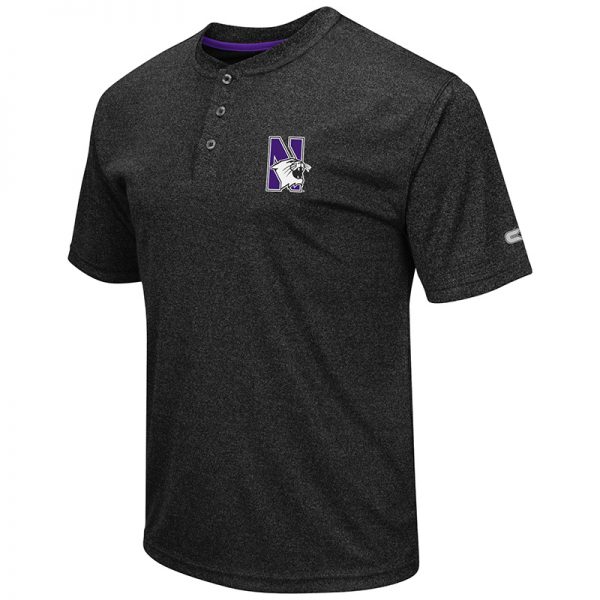 Northwestern University Wildcats Colosseum Men's Heather Black Puddy Henley S/S T-Shirt with N-Cat Design