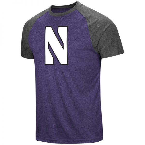 Northwestern University Wildcats Colosseum Men's Heather Purple/ Charcoal The Heat S/S Raglan with Full Chest Stylized N Design