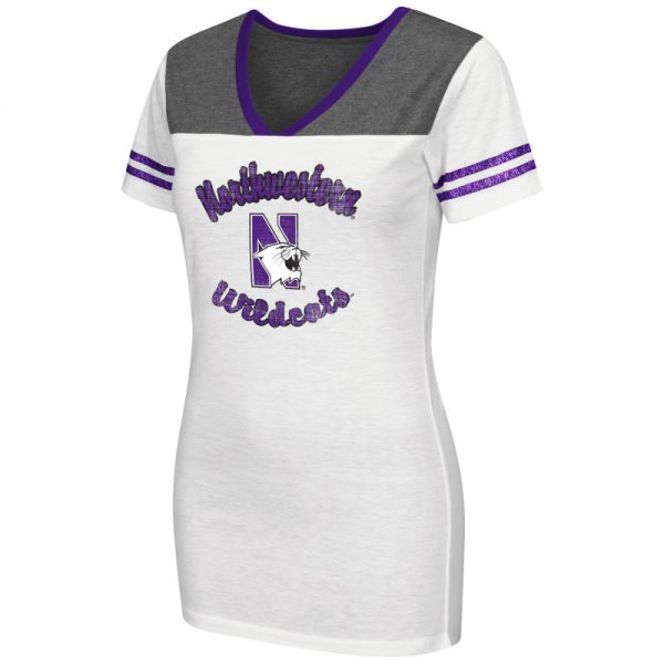 Northwestern University Wildcats Colosseum Ladies White Pipeline S/S V-Neck T-Shirt with N-Cat Design