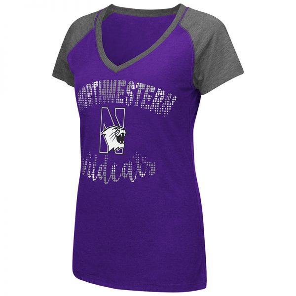 Northwestern University Wildcats Colosseum Ladies Purple / Heather Charcoal Ramoray V-Neck S/S T-Shirt with N-Cat Design