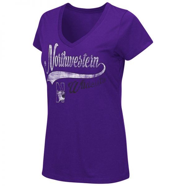 Northwestern University Wildcats Colosseum Ladies Purple How You Doin' V-Neck S/S T-Shirt with N-Cat Design
