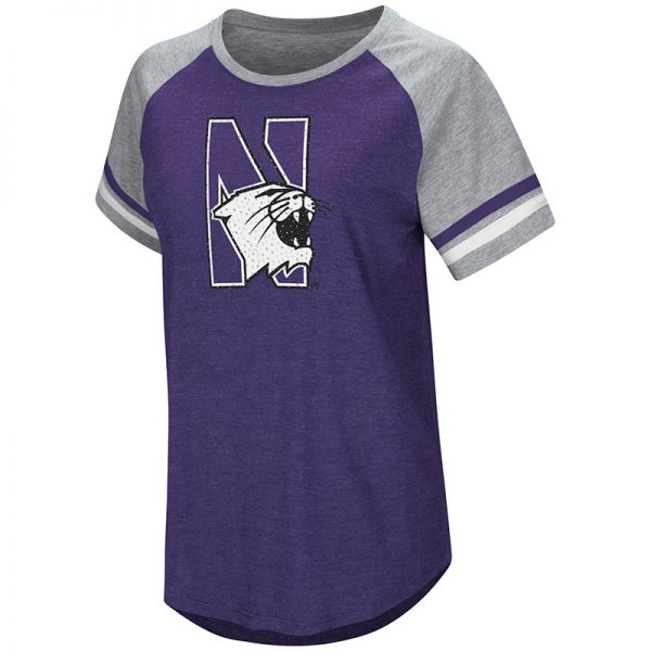 Northwestern University Wildcats Colosseum Ladies Purple/Heather Grey Southbend Blue Sox Oversized S/S T-Shirt with N-Cat Design